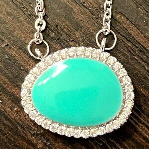 Turquoise Enamel and CZ Pendant - Dainty and Cute - 16" chain + 2" extender